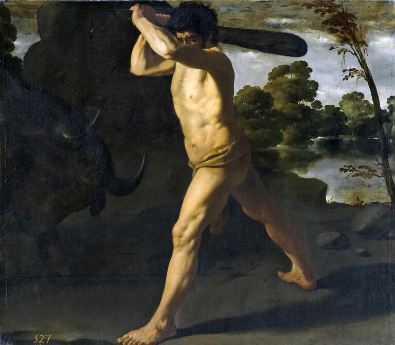 Painting of “Hercules Fighting the Cretan Bull” by Francisco de Zurbaran showing a nearly nude Hercules in a wide stance on a riverbank, muscles tensed as he lifts a club over his shoulder to face a dark charging bull emerging from the left, with a calm landscape of trees and water in the background.