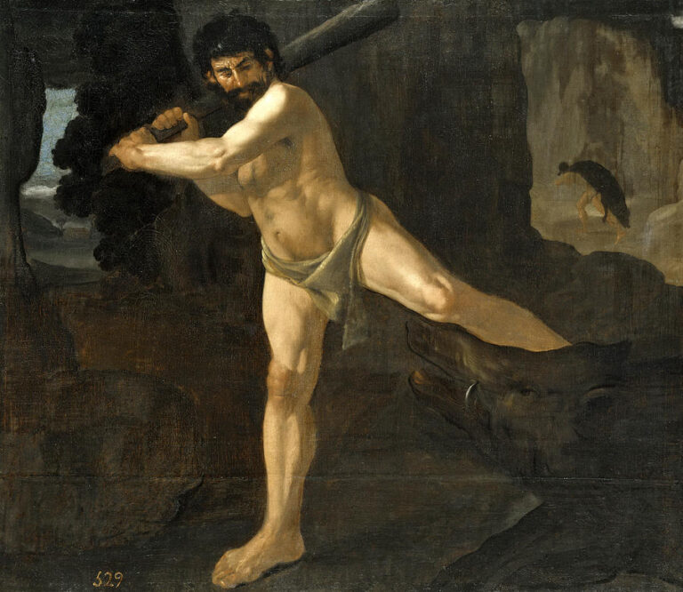 Painting of Hercules wearing a loincloth, raising a club as he pins the dark shape of the Erymanthian boar under his leg in a rocky landscape with a small distant figure near a cave.