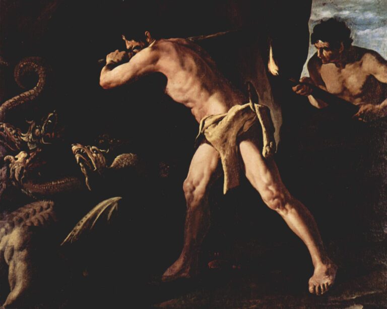 Painting by Francisco de Zurbaran showing the muscular figure of Hercules seen from the back in a dark cave, legs braced and club raised as he attacks the writhing many headed Hydra on the left, while a companion at the right holds a torch that illuminates the scene.