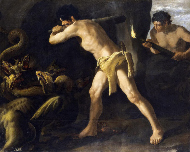 Painting of “Hercules Fighting with the Lernaean Hydra” by Francisco de Zurbaran showing a nearly nude Hercules in a rocky cavern lunging forward with a raised club toward a writhing many headed serpent, while his companion Iolaus stands behind him holding a flaming torch that casts dramatic light on the scene.