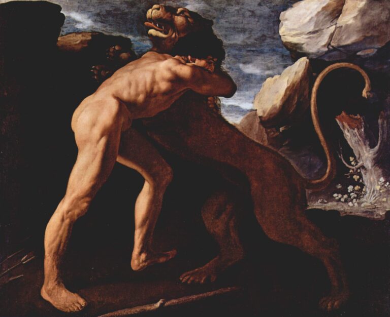 Painting of “Hercules Fighting with the Nemean Lion” by Francisco de Zurbaran showing a muscular nude Hercules seen from the back, legs braced and arms locked around a roaring lion’s neck, as the man and beast grapple in a dark rocky gorge beneath a stormy sky.