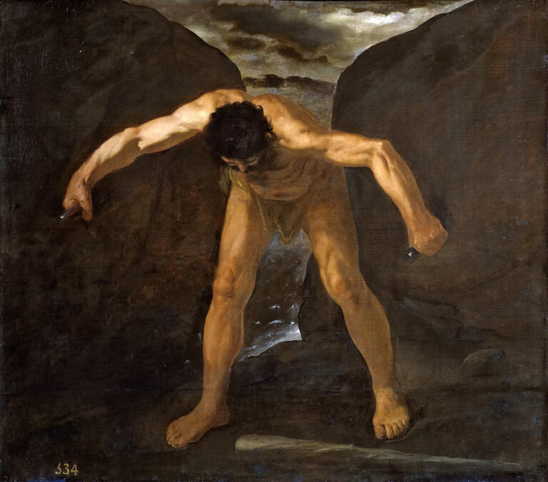 Painting by Francisco de Zurbaran showing a muscular Hercules standing frontally between two dark rock walls, bent forward with arms stretched out to push the cliffs apart under a cloudy sky, symbolizing the opening of the mountains Calpe and Abyla.
