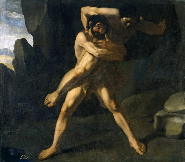 Painting of “Hercules Wrestling with Antaeus” by Francisco de Zurbaran showing a muscular nude Hercules standing in a rocky cave, legs braced wide as he lifts the giant Antaeus in a crushing embrace, both figures straining against a dark background with a small patch of sky in the distance.