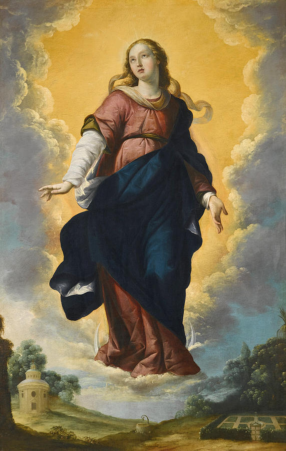 Painting of “Immaculate Conception” by Francisco de Zurbaran showing the Virgin Mary in rose and blue robes floating in a glowing golden sky framed by clouds, with a crescent moon at her feet and a small green landscape with buildings and gardens below.