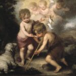 Baroque painting by Bartolomé Esteban Murillo showing the Infant Christ in rose drapery offering water from a shell to the young St John the Baptist holding a reed cross, with a lamb at their feet and glowing cherubs in a cloud above.