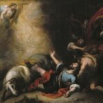 Baroque painting by Bartolome Esteban Murillo showing Saint Paul thrown from his horse on the road to Damascus, lying on the ground with arms outstretched as a radiant Christ appears in the sky while terrified companions and the fallen horse tumble around him in deep shadow.