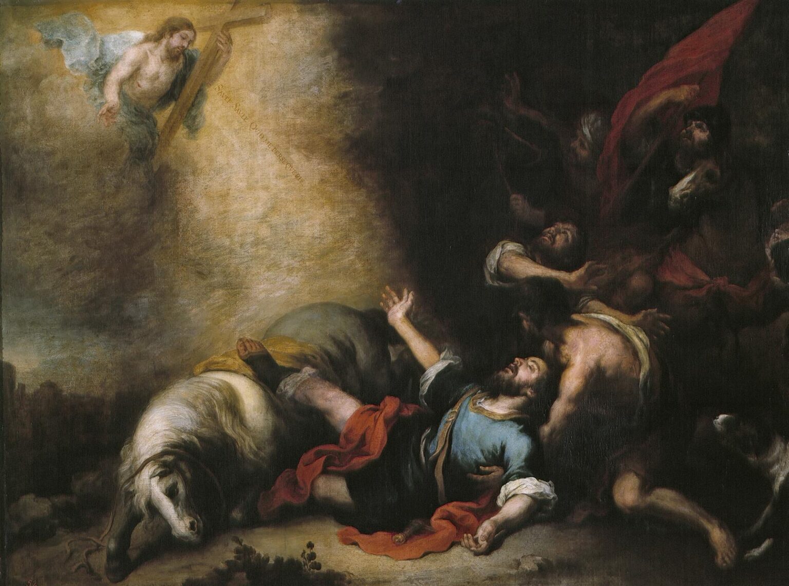 Baroque painting by Bartolome Esteban Murillo showing Saint Paul thrown from his horse on the road to Damascus, lying on the ground with arms outstretched as a radiant Christ appears in the sky while terrified companions and the fallen horse tumble around him in deep shadow.