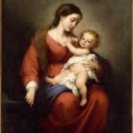 Baroque painting by Bartolomé Esteban Murillo showing the Virgin Mary in a red dress and blue mantle seated and cradling the nude Christ child wrapped in a white cloth against a soft, dark background.