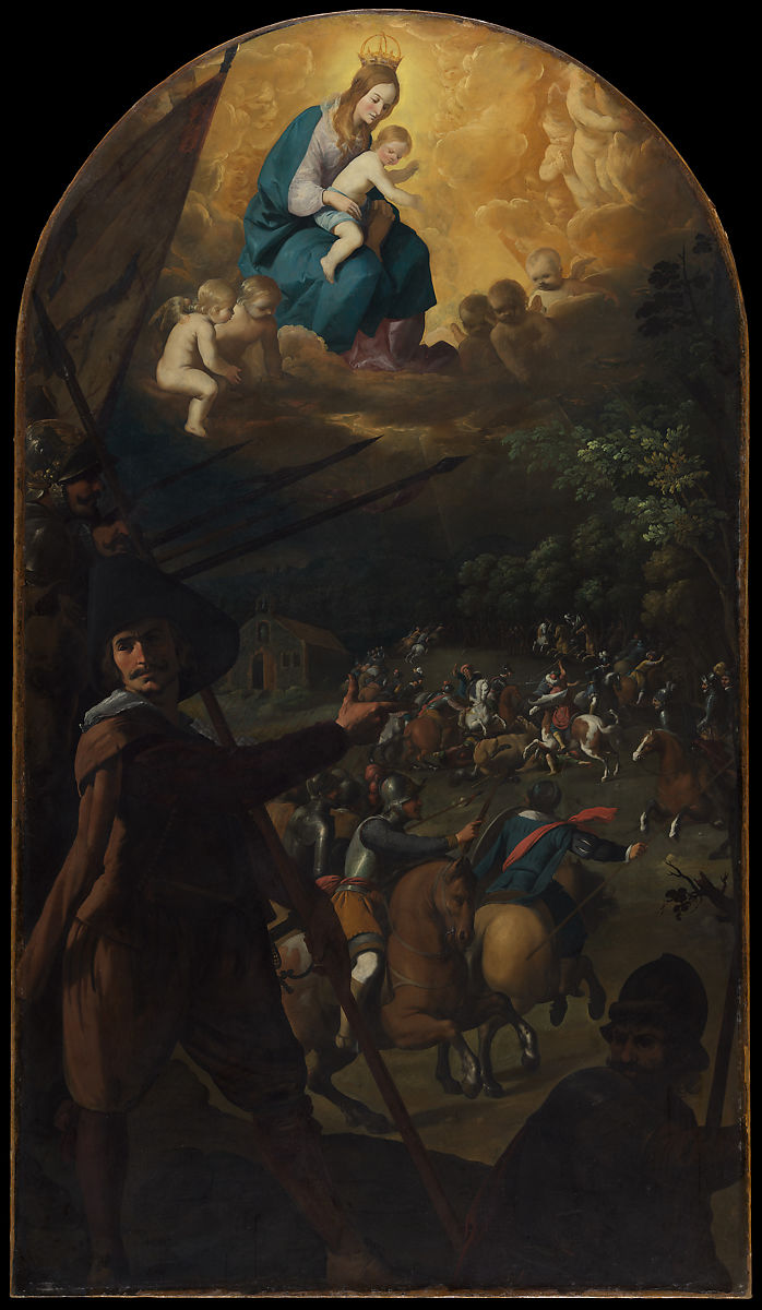 Tall arched painting by Francisco de Zurbaran showing a crowned Virgin Mary seated in glowing clouds with the Christ Child and cherubs above, while below a large foreground soldier points toward a chaotic night battle between Christian and Muslim horsemen near a small church and wooded landscape.
