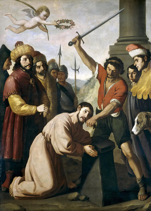 Scene of the martyrdom of Saint James by Francisco de Zurbaran, showing the apostle kneeling at an execution block while a soldier raises a sword, a richly dressed ruler and soldiers watch, and a cherub in the sky brings a wreath and palm branch.