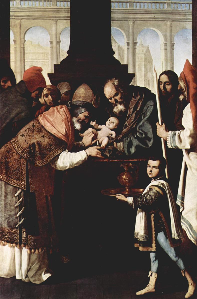 Painting of the Circumcision by Francisco de Zurbaran showing the infant Christ held on a table at the center of a crowded temple interior, a richly vested priest bending over him, an elderly Joseph supporting the child, several onlookers gathered around, and a young acolyte in ornate clothing carrying a basin with a vessel in the foreground against a backdrop of classical arches.