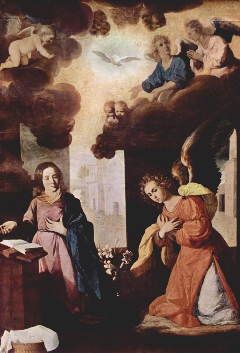 Vertical Annunciation painting by Francisco de Zurbaran showing the Virgin Mary standing beside a lectern with an open book, hand on her chest, while the archangel Gabriel kneels opposite her with folded hands; above them dark clouds filled with angels and cherubs surround a glowing dove of the Holy Spirit, and white lilies bloom between the two figures.