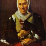 Baroque painting by Bartolome Esteban Murillo showing an elderly woman in a white headscarf and red skirt holding a hen in her arms, with a basket of white eggs at her side against a dark background.