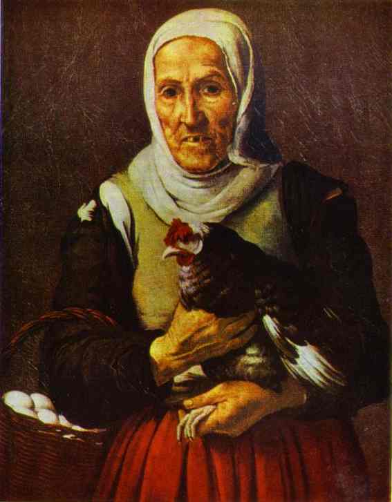 Baroque painting by Bartolome Esteban Murillo showing an elderly woman in a white headscarf and red skirt holding a hen in her arms, with a basket of white eggs at her side against a dark background.