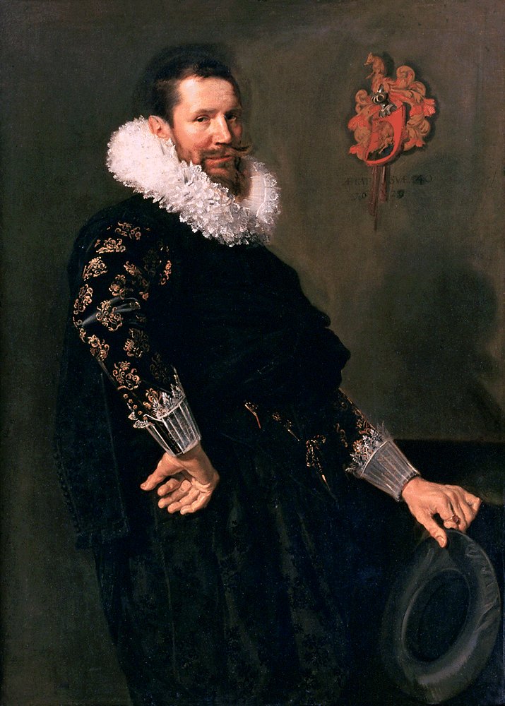 Frans Hals, Paulus van Beresteyn (1620), full-length portrait of a man in black with a large white ruff and embroidered sleeves, holding a wide-brimmed hat, standing against a dark background with a coat of arms.