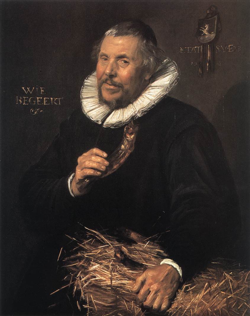 Frans Hals, Pieter Cornelisz. Van der Morsch (1616), half-length portrait of a man in black with a white ruff, seated against a dark background with inscriptions, one hand raised and the other resting on a pile of golden straw.
