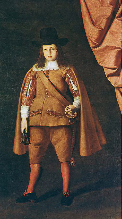 Full length portrait of a young boy by Francisco de Zurbaran, dressed in brown cape and doublet with red stockings and black hat, standing against a dark background beside a rust colored curtain, holding gloves and resting one hand near his sword.