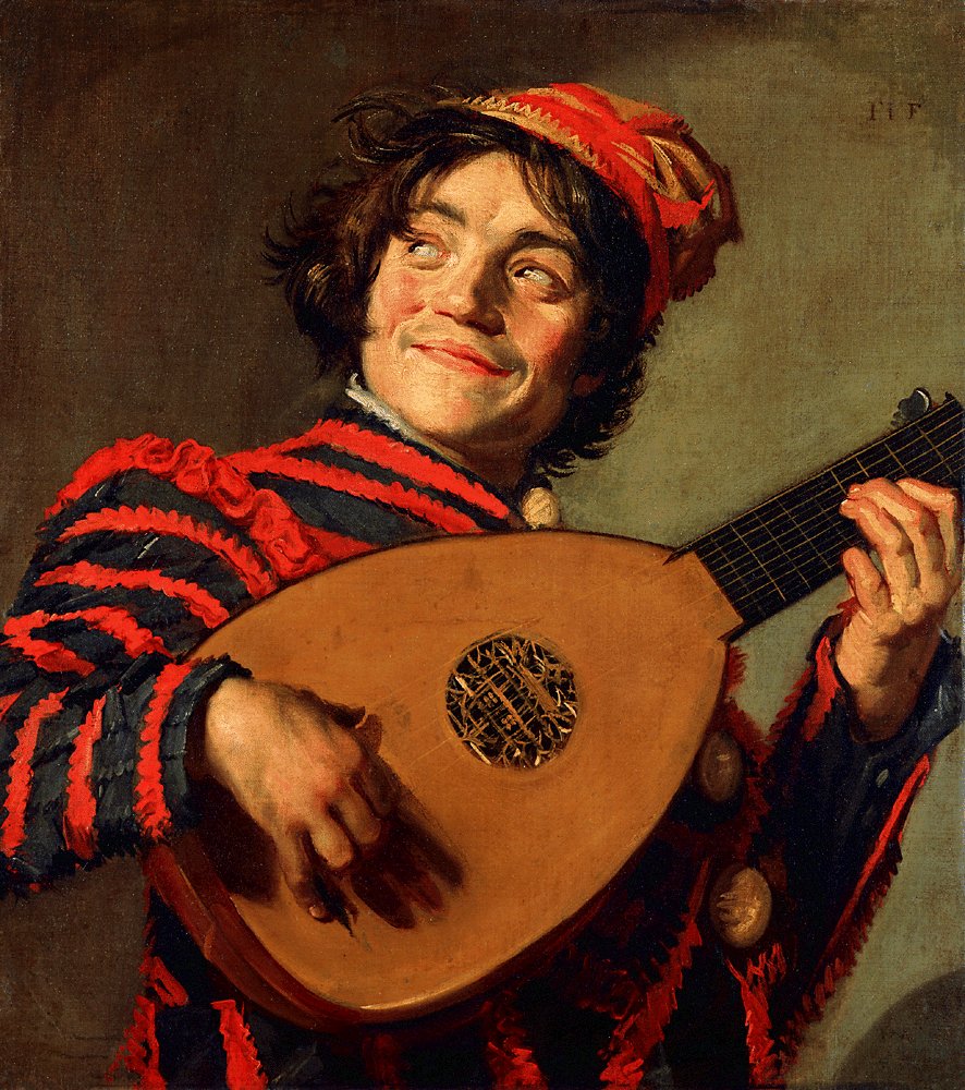 Frans Hals, The Lute Player (1624), showing a smiling young musician in a red and black striped outfit and cap holding and playing a lute against a plain background.