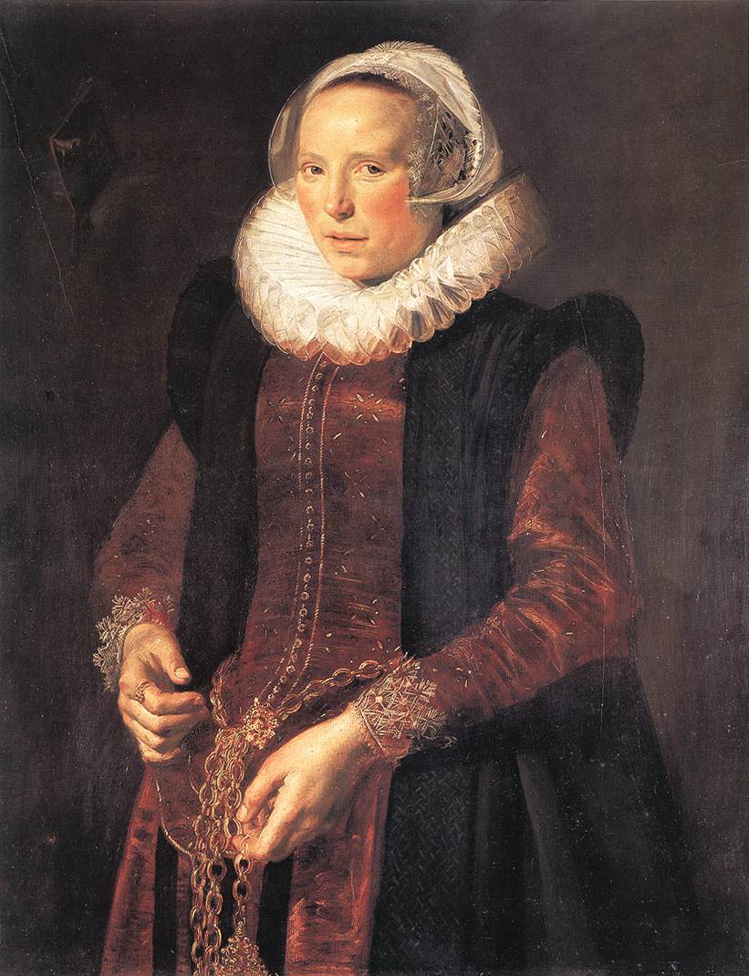 Half-length portrait of a woman in a white ruff and cap, dark cape, and red-brown dress, holding a gold chain against a dark background, painted by Frans Hals in 1611.