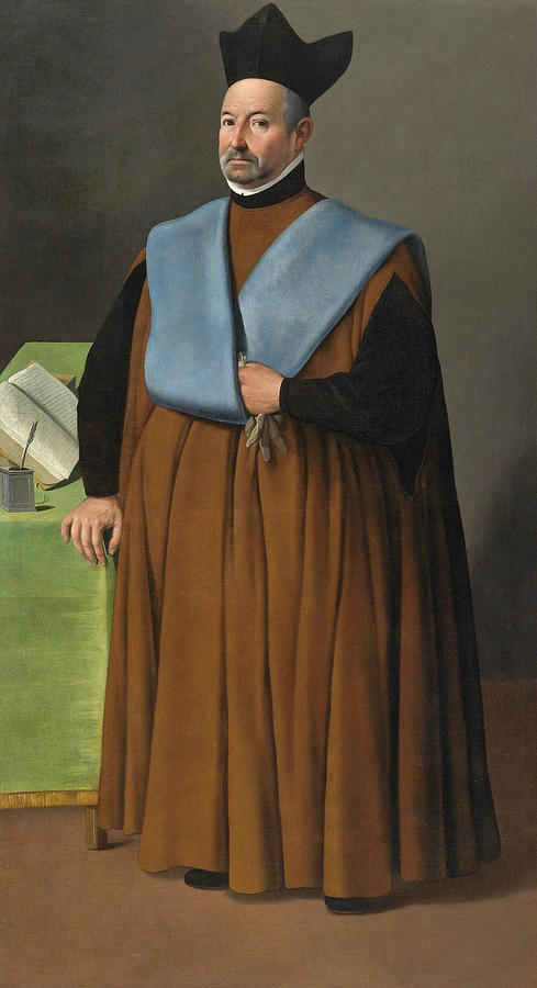 Full length portrait by Francisco de Zurbaran showing Doctor Juan Martinez Serrano standing in a brown academic gown with a pale blue stole and black cap, one hand resting on a green covered table with an open book and inkwell, against a plain gray brown background.