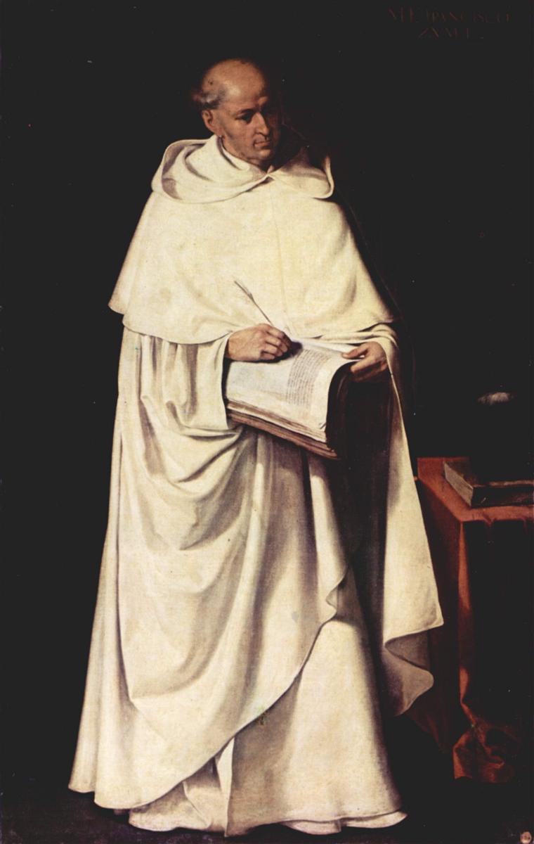 Full length painting of Fra Zumel Francisco by Francisco de Zurbaran showing a bald monk in a voluminous white habit standing against a dark background, holding a large open book and quill, with a small table and closed book beside him.