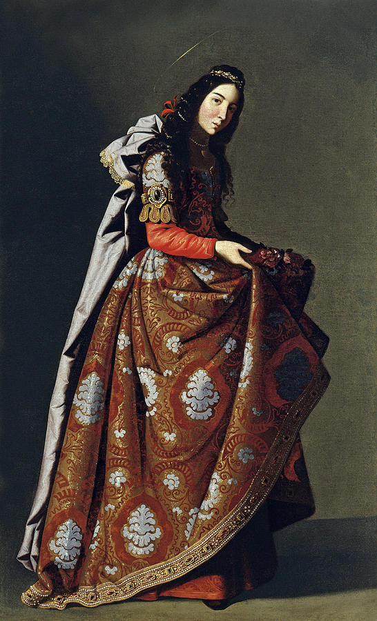 Full length painting of Santa Casilda by Francisco de Zurbaran showing a young woman with a faint halo in a richly patterned red and gold gown and gray cloak, gently lifting her skirt to reveal roses, standing against a simple dark background.