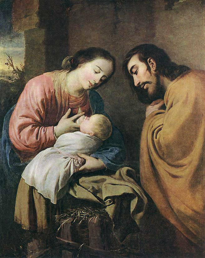 Painting of “Rest on the Flight to Egypt” by Francisco de Zurbaran showing the Virgin Mary holding the swaddled Christ Child while Joseph kneels in prayer beside them in a simple shelter, all bathed in soft warm light above a straw filled manger.