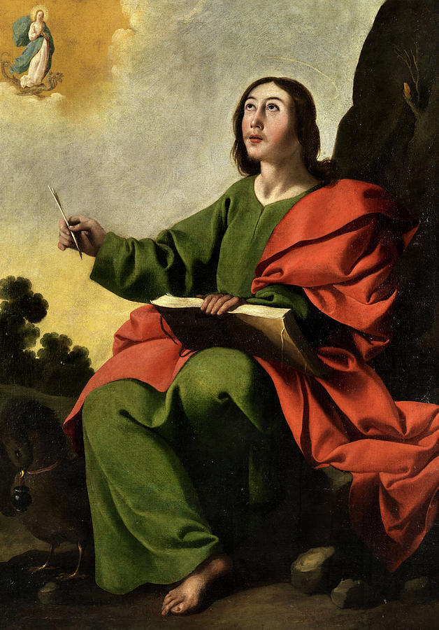 Painting by Francisco de Zurbaran showing Saint John the Evangelist seated outdoors in a green tunic and red cloak, barefoot with a large open book on his lap and stylus raised, looking up toward a small radiant figure in the clouds while an eagle stands beside him near a dark rocky background and distant trees.