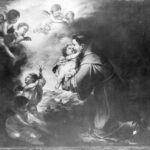 Baroque painting by Bartolomé Esteban Murillo showing Saint Anthony of Padua in a brown Franciscan habit kneeling and lovingly holding the glowing Christ Child in his arms, surrounded by playful cherubs and soft clouds of heavenly light.