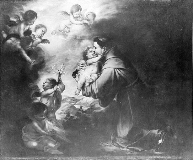 Baroque painting by Bartolomé Esteban Murillo showing Saint Anthony of Padua in a brown Franciscan habit kneeling and lovingly holding the glowing Christ Child in his arms, surrounded by playful cherubs and soft clouds of heavenly light.