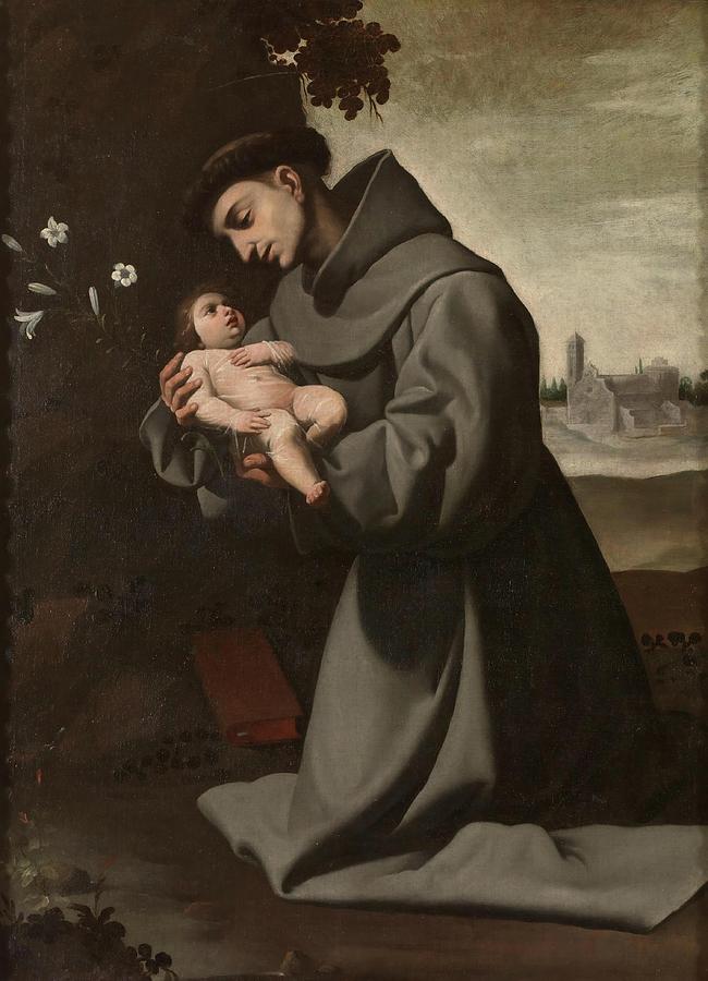 Painting of “Saint Anthony of Padua with the Infant Christ” by Francisco de Zurbaran showing a kneeling Franciscan friar in a gray habit holding the Infant Jesus in his arms, with white lilies, a red book, and a small distant church set under a soft gray sky.