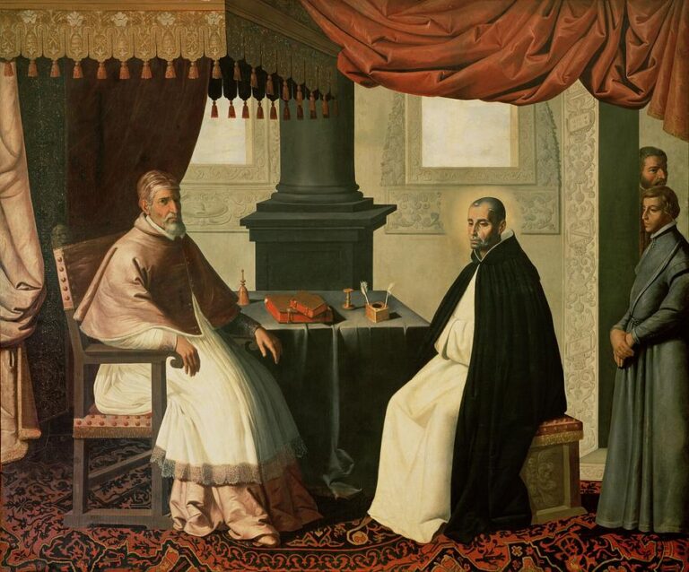 Interior scene showing Pope Urban II seated on the left in papal robes at a table facing Saint Bruno in a white Carthusian habit and black cloak, with rich red curtains above, ornate architecture behind and two attendants standing to the right.