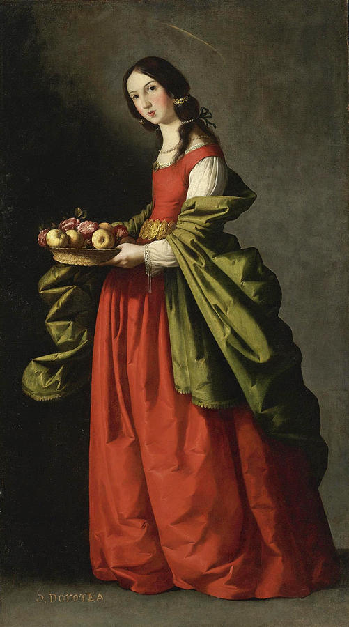 Full length Baroque painting by Francisco de Zurbaran showing Saint Dorothy standing against a dark background in a red gown and green mantle, holding a woven basket filled with apples and roses, with a faint golden halo above her head.