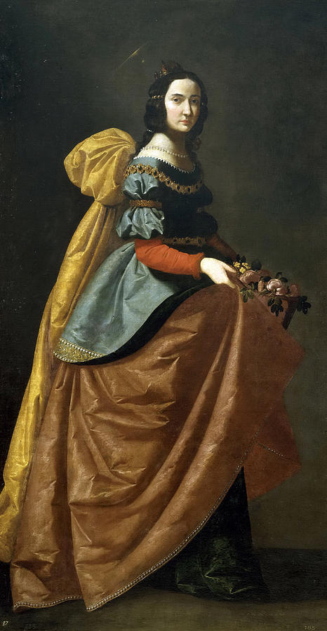 Full length painting of Saint Elizabeth of Portugal by Francisco de Zurbaran showing a young queen with a faint halo in a blue and rose gown with a golden cloak, lifting her skirt to reveal roses held in her hands against a dark neutral background.