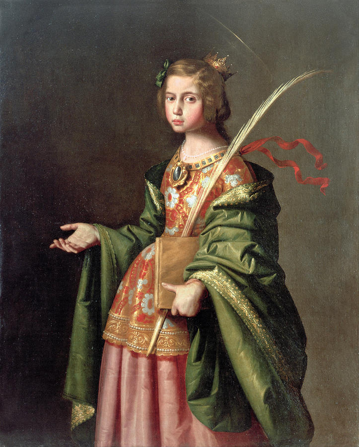 Painting of Saint Elizabeth of Thuringia by Francisco de Zurbaran showing a young crowned princess in green and red robes holding a book and palm of martyrdom, her left hand extended in a gentle, giving gesture against a dark background.