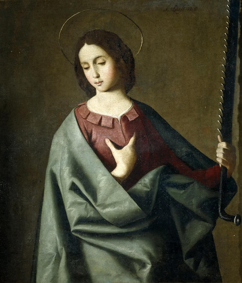 Painting by Francisco de Zurbaran showing Saint Eufemia as a young woman with a halo, eyes lowered, wearing a red tunic and large green mantle, one hand on her chest and the other holding a long toothed saw against a plain dark background.