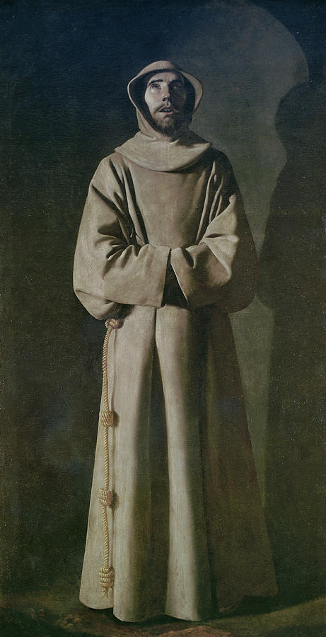 Baroque painting by Francisco de Zurbaran showing Saint Francis standing full length in a simple gray Franciscan habit, hands hidden in his sleeves, eyes raised toward heaven, emerging from a dark background with a strong vertical silhouette.