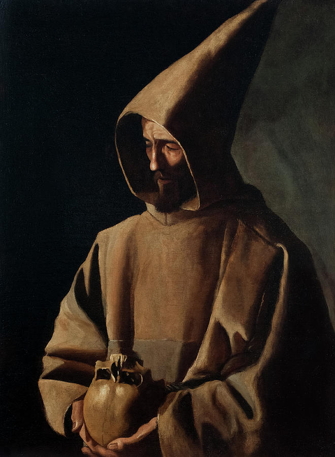 Painting of “Saint Francis in Meditation” by Francisco de Zurbaran showing a hooded Franciscan monk in a brown habit standing against a dark background, head bowed as he gently holds a human skull in both hands.