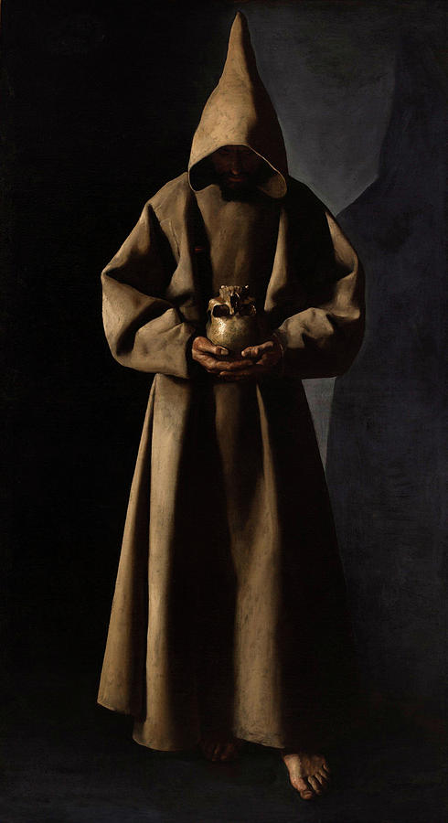 Baroque painting by Francisco de Zurbaran showing a hooded Franciscan monk standing barefoot in a dark space, his face mostly hidden, holding a small skull in his hands while his heavy brown habit glows softly against a black background.