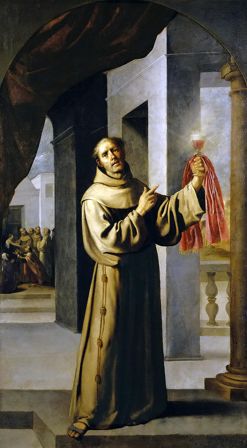 Full length painting of Saint Jacob by Francisco de Zurbaran, showing a Franciscan friar in a brown habit standing under an arch, barefoot, raising a veiled chalice in one hand and pointing to it with the other inside a church interior.