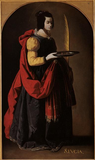 Vertical painting by Francisco de Zurbaran showing Saint Lucy standing in profile inside an arched frame, wearing a black gown with yellow sleeves and a flowing red mantle, holding a tall palm frond and a tray with small emblems of her eyes, set against a simple dark background with the inscription “S. LVCIA” at the bottom.