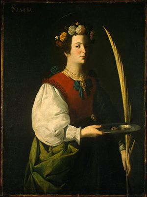 Half length painting of Saint Lucy by Francisco de Zurbaran, showing a young woman in red, white, and green garments with a floral crown and halo, holding a tall palm frond in one hand and a metal plate with a pair of eyes in the other against a dark background.