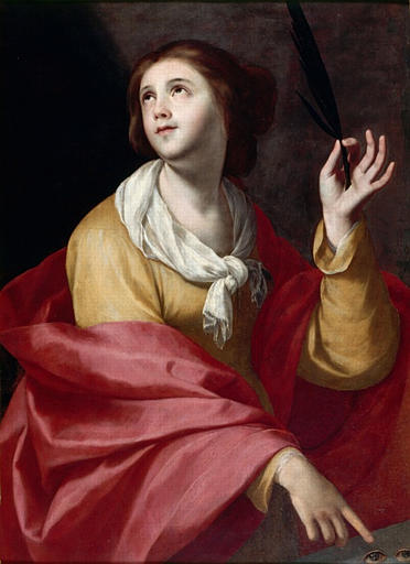 Painting “Saint Lucy” by Francisco de Zurbaran showing a young woman saint in yellow dress and red cloak looking upward, holding a black quill in one hand and pointing downward with the other against a dark background.