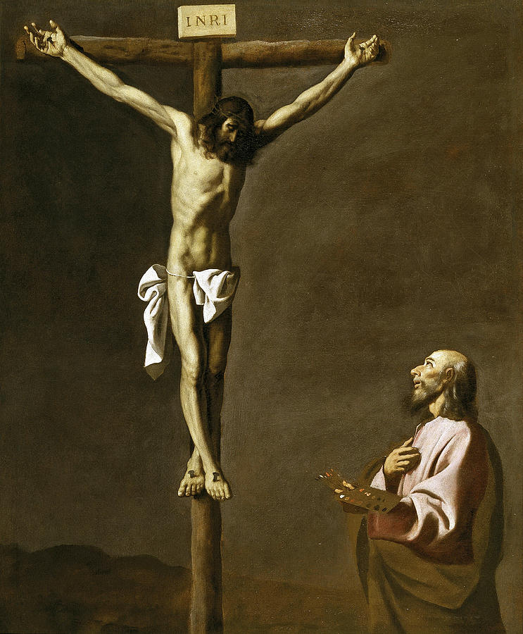Painting by Francisco de Zurbaran showing the crucified Christ on a tall wooden cross at the left with the inscription INRI, while Saint Luke kneels at the lower right holding a painter’s palette and brushes, looking up in devotion against a dark, empty background.