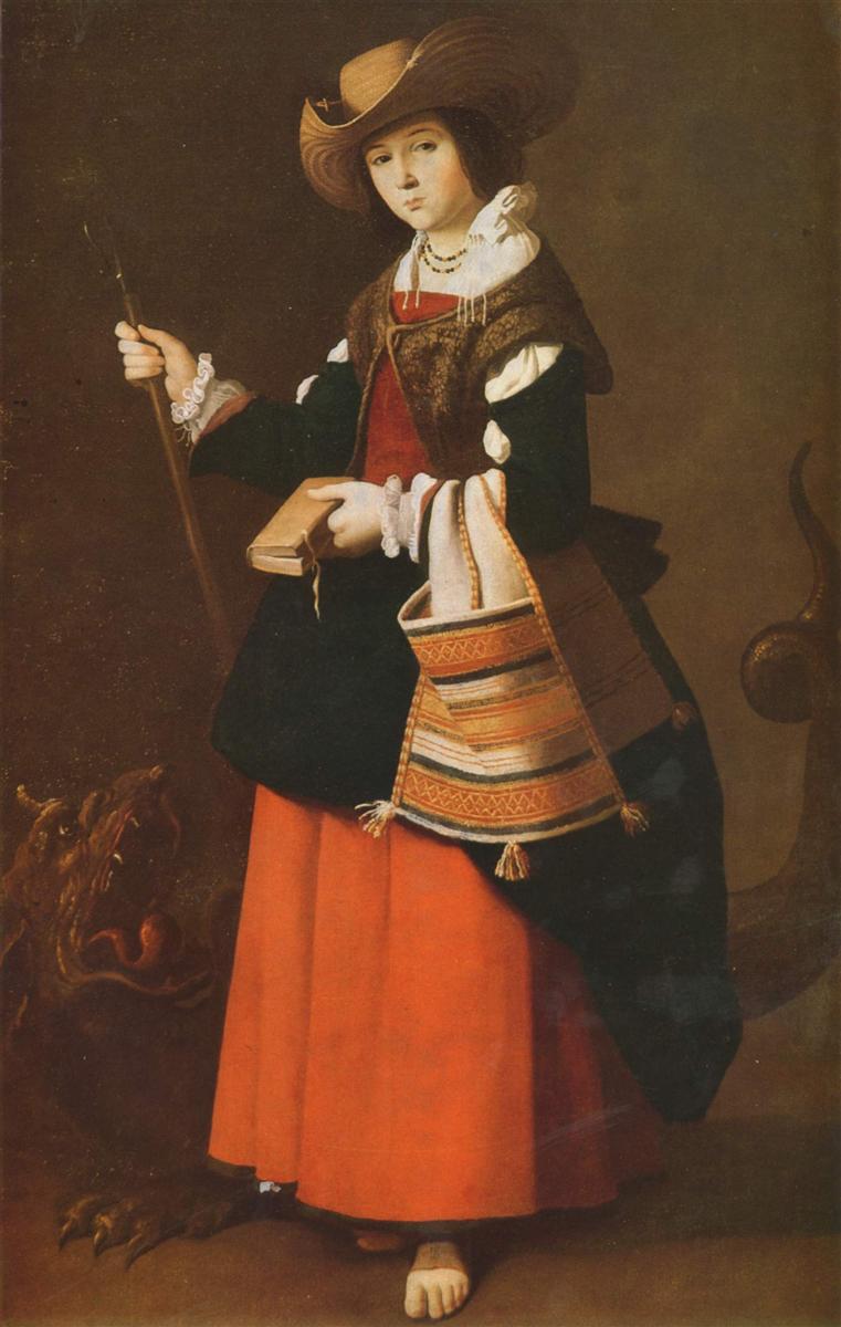 Saint Margaret stands frontally dressed as a shepherdess in a wide brimmed hat, fur trimmed bodice, dark cloak and long red skirt, holding a staff and a book while a striped shepherd’s bag hangs at her side and a subdued dragon curls near her feet against a dark background.
