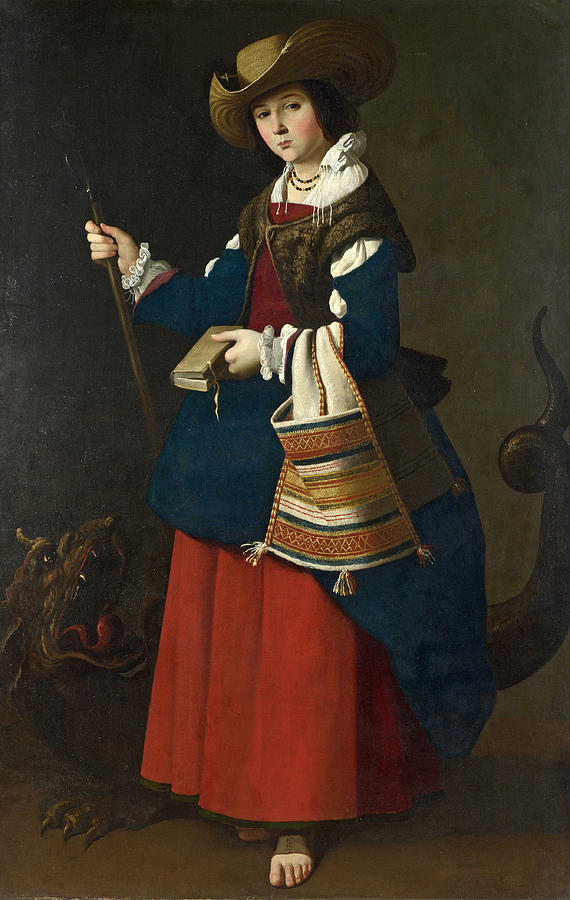 Full length Baroque painting by Francisco de Zurbaran showing Saint Margaret of Antioch dressed as a Spanish shepherdess in hat, blue cloak and red skirt, holding a staff and book while a dragon snarls at her feet against a dark background.