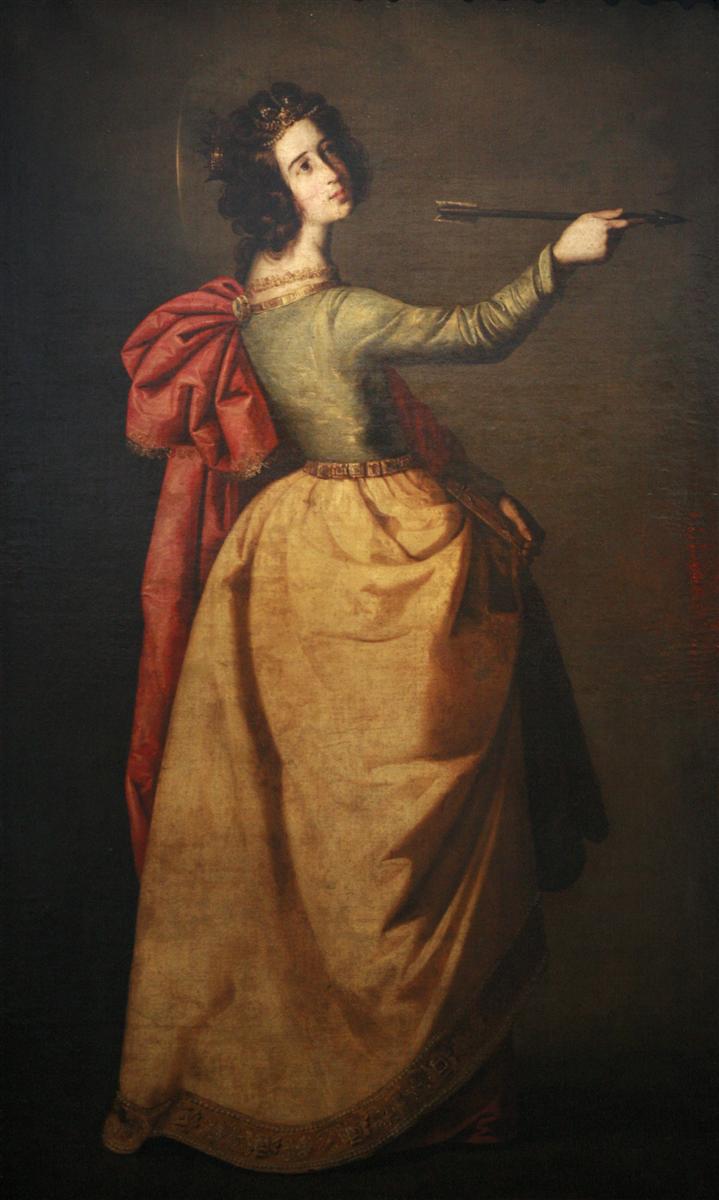 Painting of “Saint Ursula” by Francisco de Zurbaran showing a crowned young woman in a green bodice, golden skirt, and red cloak standing in profile against a dark background, holding an arrow outward in her right hand with a faint halo behind her head.