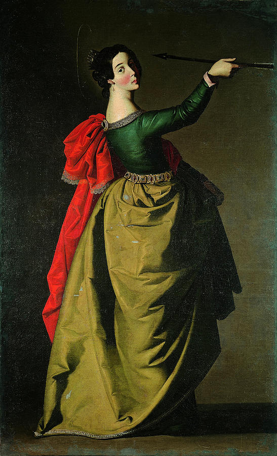 Painting of “Saint Ursula” by Francisco de Zurbaran showing a young woman saint in a green bodice, gold skirt and red mantle, standing against a dark background, turning her head toward the viewer as she gracefully extends an arrow in her right hand with a faint halo around her head.