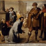 San Salvador de Horta kneels in a gray habit before a richly dressed inquisitor while sick and poor people cluster behind the friar and a crowd fills an urban square in Bartolomé Esteban Murillo’s painting “San Salvador de Horta and the Inquisitor of Aragon.”