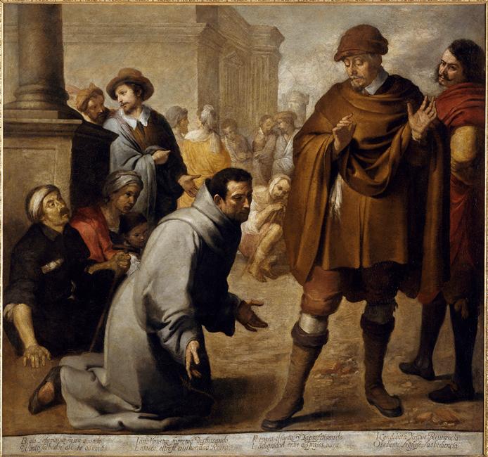 San Salvador de Horta kneels in a gray habit before a richly dressed inquisitor while sick and poor people cluster behind the friar and a crowd fills an urban square in Bartolomé Esteban Murillo’s painting “San Salvador de Horta and the Inquisitor of Aragon.”